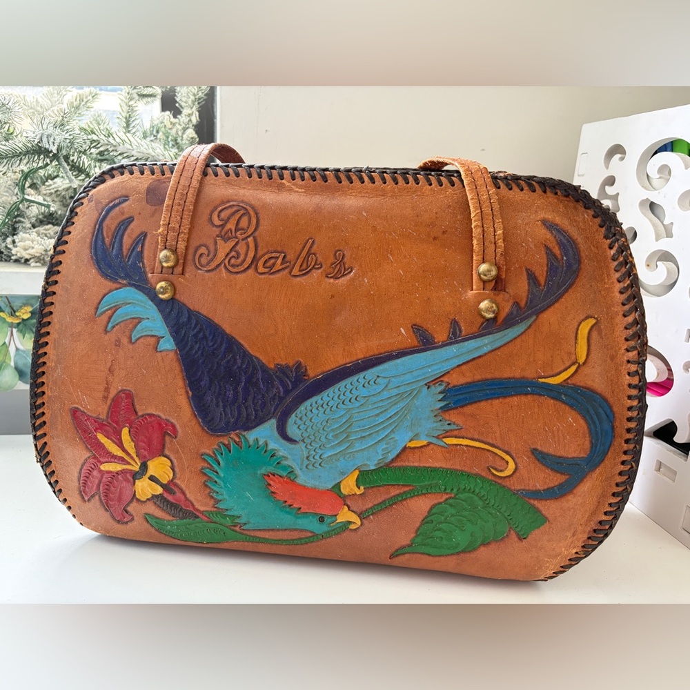 Vintage Mid Century Tan Leather Purse with hand carved + painted Parrot Motif